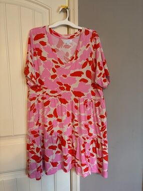 Mudpie Pink & Red Floral V-Neck Tiered Dress